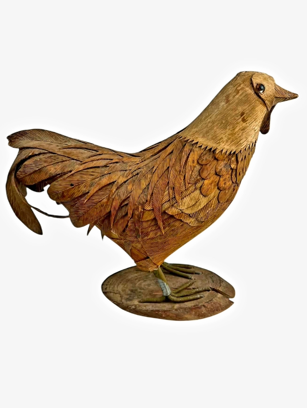 Vintage Folk Art Corn Husk & Wood Rooster Figurine